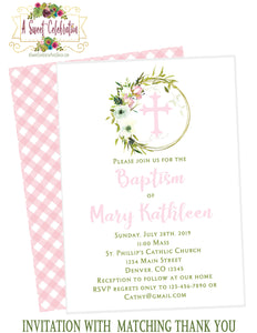 Pink Baptism, 1st Communion or Christening Invitation in Soft Florals with Matching Thank You