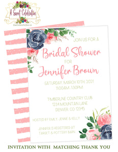 Bridal Shower Navy - Blush - Gold  Floral - Invitation with Matching Thank You
