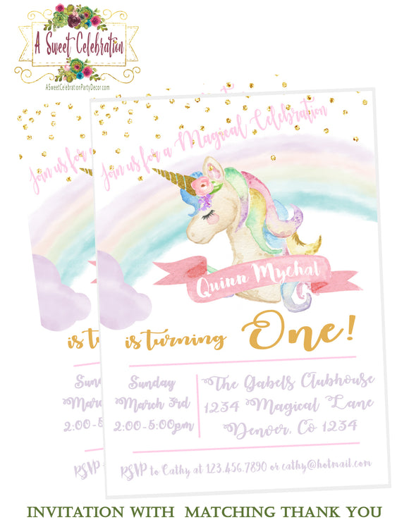 Magical Unicorn and Rainbow Pastel Birthday Invitation with Matching Thank You