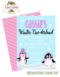 Cute Penguins Winter ONEderland Pink - Printable Birthday Invitation - with Matching Thank You