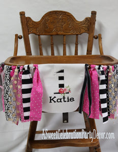 KATE FLORAL - PINK AND BLACK - RAG HIGH CHAIR BANNER - HIGH CHAIR BANNER