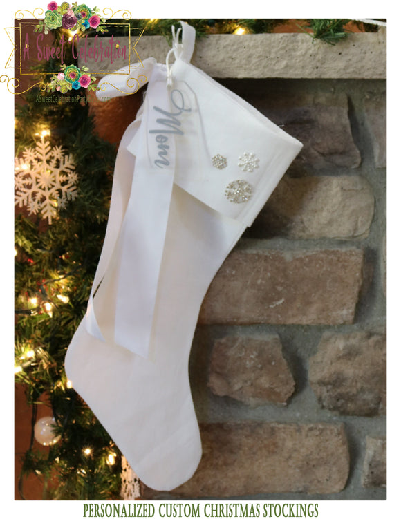 Linen Christmas Stocking Personalized - Cottage - Shabby Chic - Snowflake Button