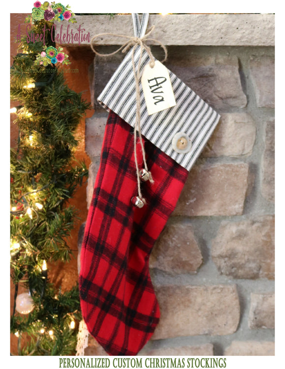 Farmhouse Christmas Stocking Buffalo Plaid, Denim and Black Ticking Personalized - Large Red Plaid with Ticking Cuff