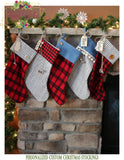 Farmhouse Christmas Stocking Buffalo Plaid, Denim and Black Ticking Personalized - Large Red Plaid with Ticking Cuff