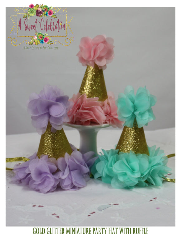 Gold Glitter Miniature Party Hat with Ruffle