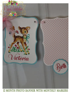 Vintage Woodland Deer Personalized 1st Birthday 12 Month Photo Banner with Monthly Markers
