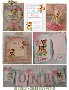 Vintage Woodland Deer Personalized 1st Birthday Party Package in a Box