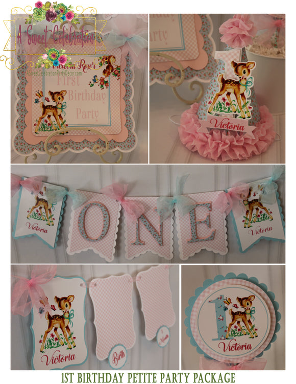 Vintage Woodland Deer Personalized 1st Birthday Petite Party Package