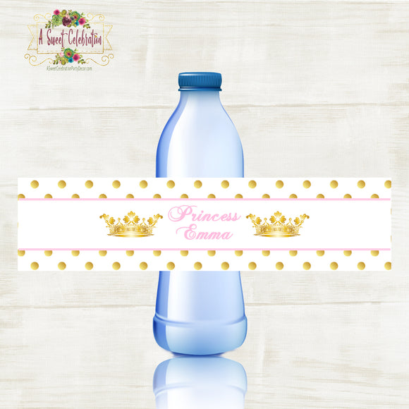 Royal Princess Pink and Gold Baby Shower  Waterproof Water Bottle Labels