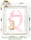 Floral Bunny Pink Personalized  Nursery Print - Name with Initial - Digital Download