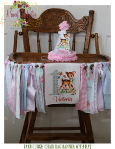 Vintage Woodland Deer Personalized 1st Birthday Fabric Rag Banner with Matching Hat