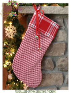 Christmas Stocking Red Plaid Merry & Bright Personalized - Red Check with Red Plaid Cuff