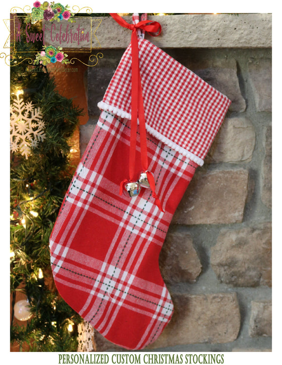 Christmas Stocking Red Plaid Merry & Bright Personalized - Red Plaid with Checkered Cuff and Trim