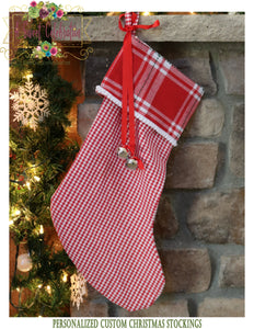 Christmas Stocking Red Plaid Merry & Bright Personalized - Red check with Red Plaid Cuff and Trim