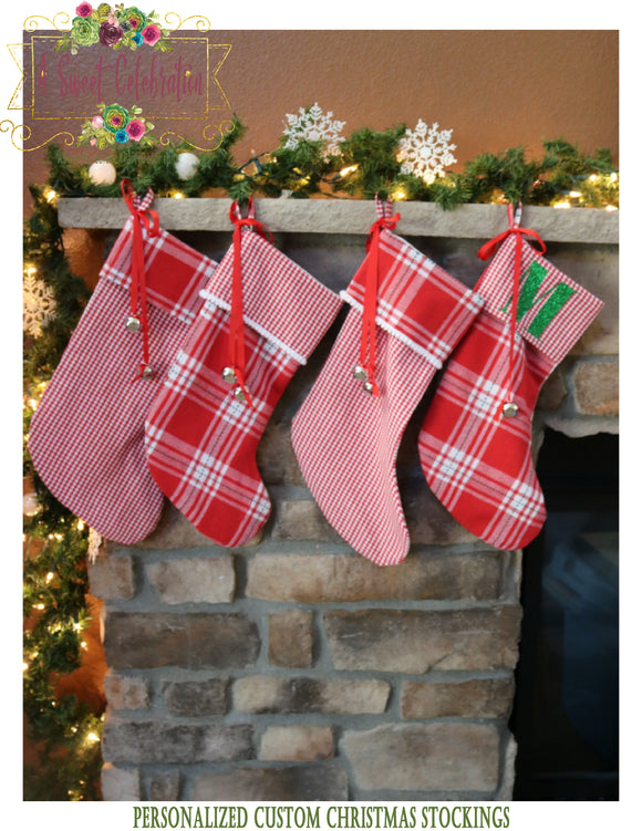 Christmas Stocking Red Plaid Merry & Bright Personalized