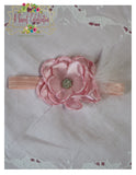 Headband - Pink Satin flower with Feather and Rhinestone accents
