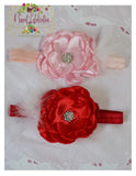 Headband - Pink Satin flower with Feather and Rhinestone accents