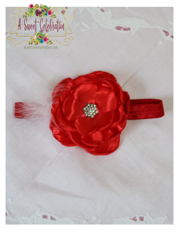 Headband - Red Satin flower with Feather and Rhinestone accents
