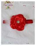Headband - Red Satin flower with Feather and Rhinestone accents