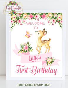 Woodland Deer Floral Birthday Personalized PDF Printable Welcome Sign