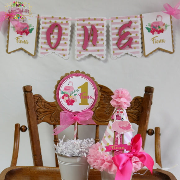 FLAMINGO - PINK AND GOLD - 3 pc - SMASH CAKE BIRTHDAY PARTY PACKAGE
