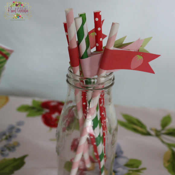 Berry Sweet Strawberry  Birthday - Paper Straws with Berry Sweet Straw Flags