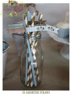Woodland Winter ONEderland Blue Truck - Paper Party Straws with Flags