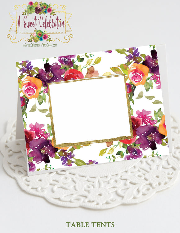 Bridal Shower Purple - Burgundy  Fall Floral - Table Tents - Instant Download