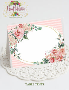 Baptism, 1st Communion or Christening Food Table Tents in Blush Florals Instant Down;oad