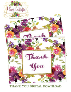 Bridal Shower Purple - Burgundy - Gold Fall Floral - Thank You - Instant Download