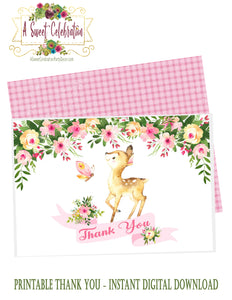 Woodland Deer Floral Birthday PDF Printable Thank You - Instant Digital Download