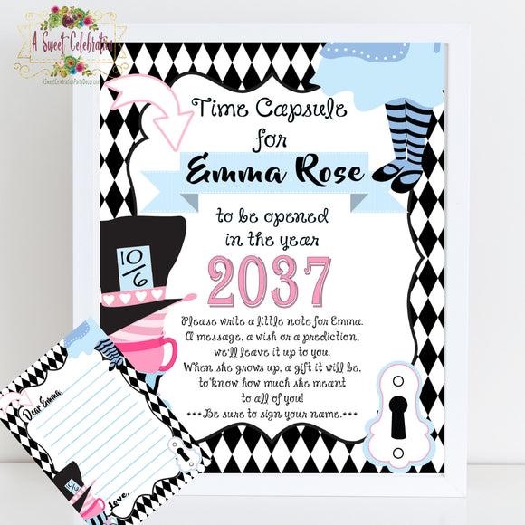 Alice's in ONE-derland Tea Party Birthday Personalized Time Capsule Pink - JPG Printable