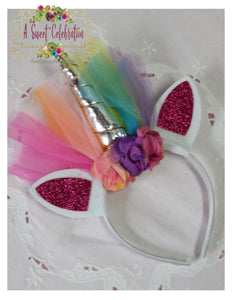 Unicorn Bright Floral Headband with Silver Horn