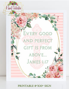 Baptism, 1st Communion or Christening Bible Verse in Blush Florals - Instant Download