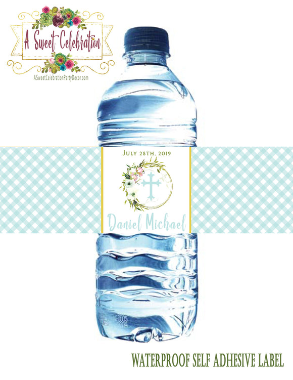 Aqua Blue Baptism, 1st Communion or Christening Waterproof Water Bottle Labels in Soft Florals