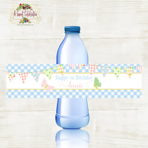 Pastel Pink Butterfly 1st Birthday Personalized Water Bottle Label  - JPG Printable