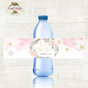 Baby It's Cold Outside Pink and Gold Baby Shower Personalized Printable Water Bottle Labels