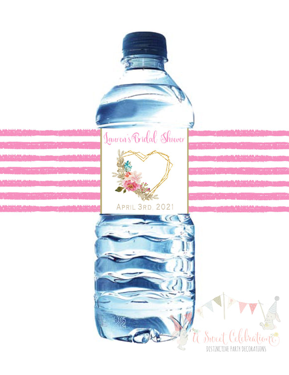 Pink Floral with Gold Bridal Shower Water Bottle Label - Waterproof Self Adhesive