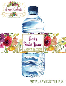 Bridal Shower Purple - Burgundy Fall Floral - Personalized Water Bottle Label Printable