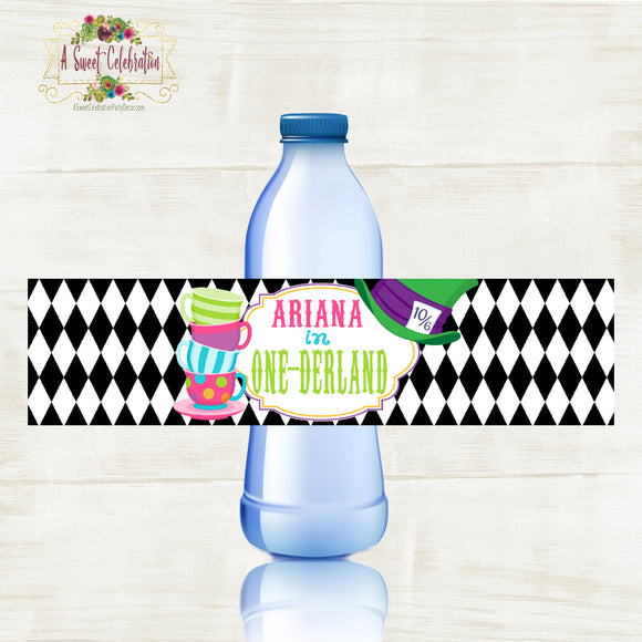 Alice's in ONE-derland Tea Party- Printable PDF Personalized Birthday Water Bottle Label