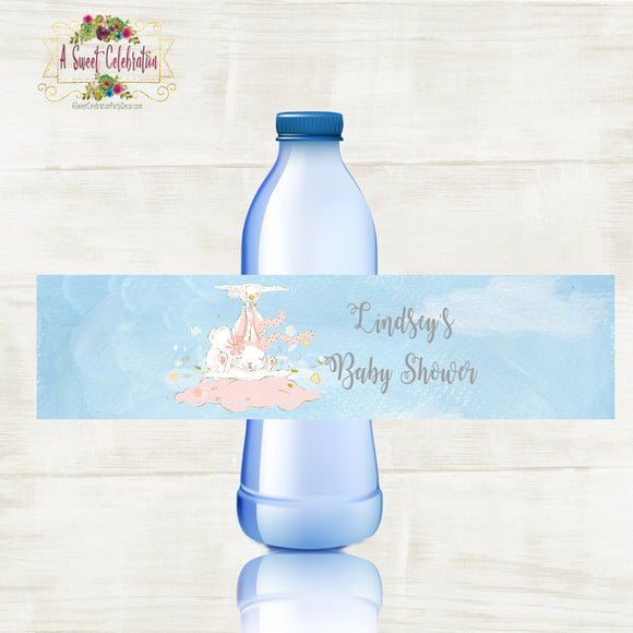 Stork Baby Shower with Cute Bunny Personalized Water Bottle Label JPG Printable