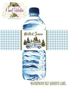 Woodland Winter ONEderland Blue Truck - Waterproof Water Bottle Label