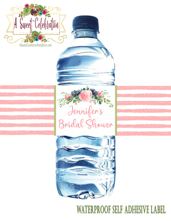 Bridal Shower Navy - Blush - Gold Floral - Personalized Water Bottle Label Waterproof Self Adhesive