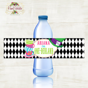 Alice's in ONE-derland Tea Party- Personalized Waterproof Water Bottle Labels