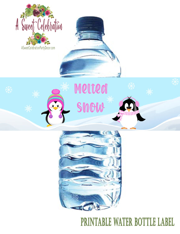 Cute Penguins Winter ONEderland Pink - Printable  Water Bottle Label - Instant Download