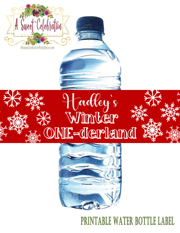 Winter ONE-derland Snowflakes Red - Printable Water Bottle label