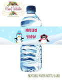 Cute Penguins Winter ONEderland Red - Printable Water Bottle Label - Instant Download