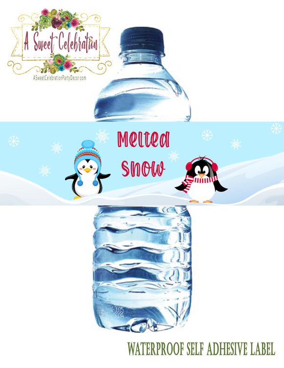 Cute Penguins Winter ONEderland Red - Waterproof Water Bottle Label