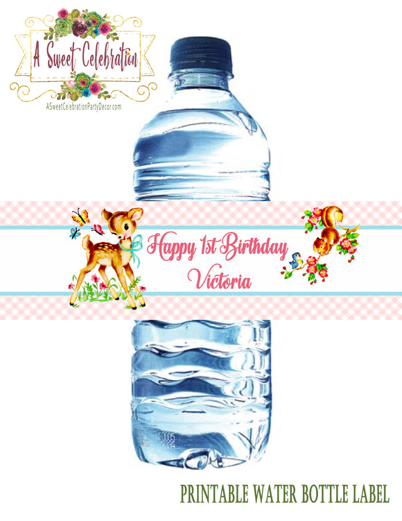 Vintage Woodland Deer Personalized Birthday PDF Printable Water Bottle Labels