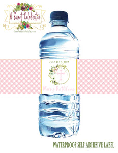 Pink Baptism, 1st Communion or Christening Waterproof Water Bottle Labels in Soft Florals